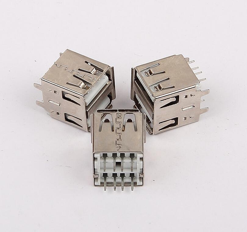 USB 2.0雙層母座 180度直插14.2長 卷邊直腳 白膠